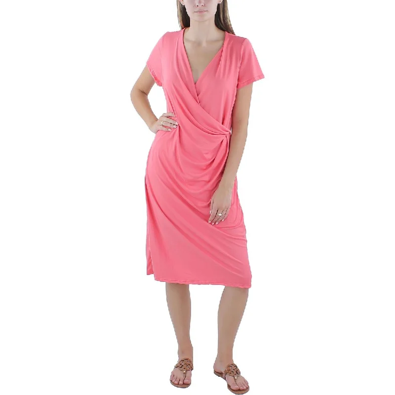 24/7 Comfort Womens Faux Wrap Cap Sleeve Midi Dress