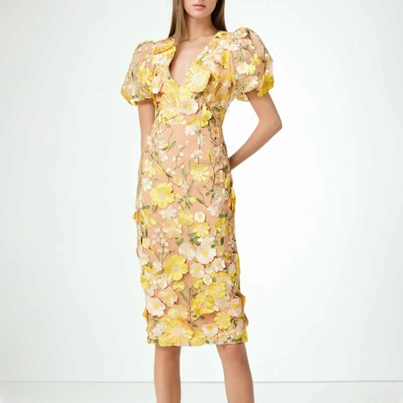 3D Flower Midi Dress Puff Sleeve Embroidered Midi Length Dress Fashionable Polka Dot Midi Dress 3D Flower Midi Dress Puff Sleeve Embroidered Midi Length Dress Fashionable Polka Dot Midi Dress