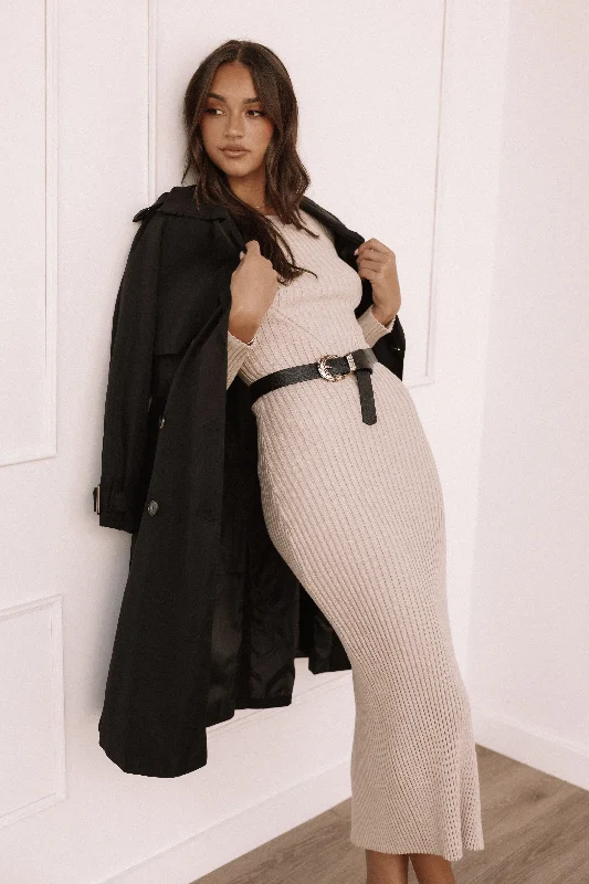 Ainsley Long Sleeve Midi Dress - Nude Stylish Long Sleeve Floral Midi Dress