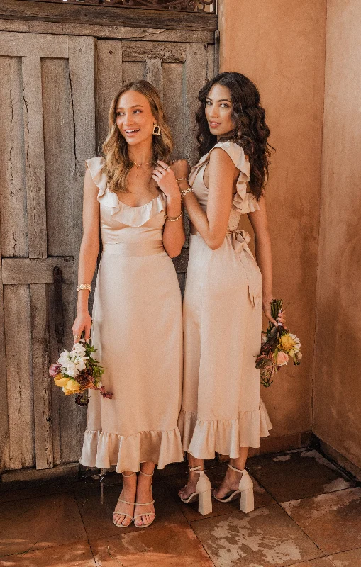 Alexis Midi Dress ~ Champagne Luxe Satin Comfortable Ruched Midi Dress