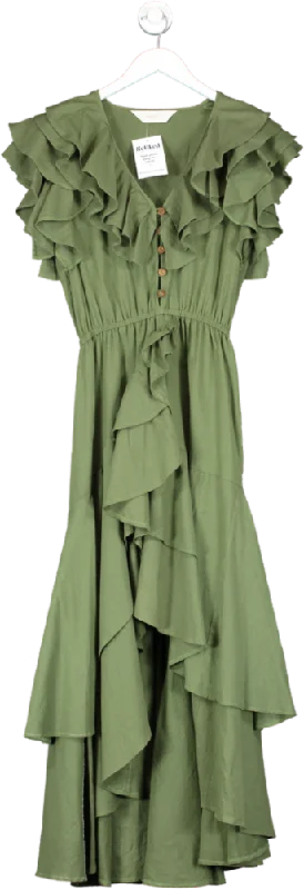 Amazula Green Organic Cotton Ruffle Maxi Dress UK S/M Elegant Wraparound Maxi Dress
