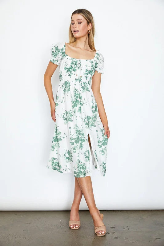 Amilie Shirred Waist Midi Dress Floral Print White/Olive Comfortable Casual Midi Dress Amilie Shirred Waist Midi Dress Floral Print White/Olive Comfortable Casual Midi Dress