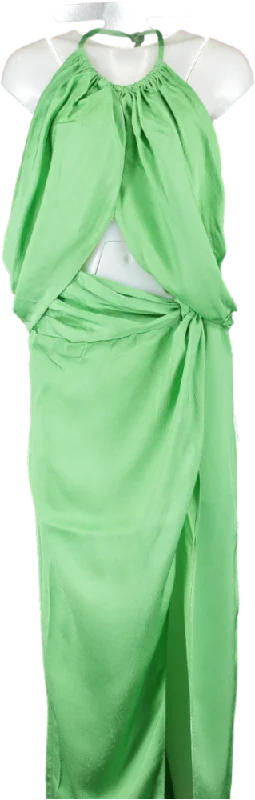 Anna Quan Green Elyse Cut-out Draped Hammered Satin Halter Maxi Dress UK 10 Trendy V-Neck Maxi Dress Anna Quan Green Elyse Cut-out Draped Hammered Satin Halter Maxi Dress UK 10 Trendy V-Neck Maxi Dress
