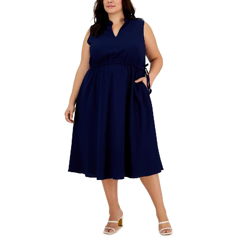 Anne Klein Womens Plus Drawstring Midi Midi Dress