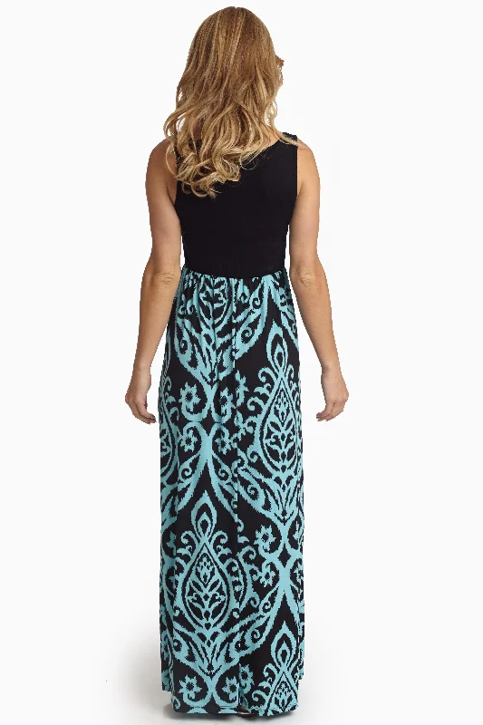 Aqua Damask Printed Bottom Maxi Dress Chic Off-Shoulder Maxi Dress