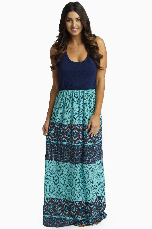 Aqua Navy Geometric Bottom Maxi Dress Fashionable Open-Back Maxi Dress