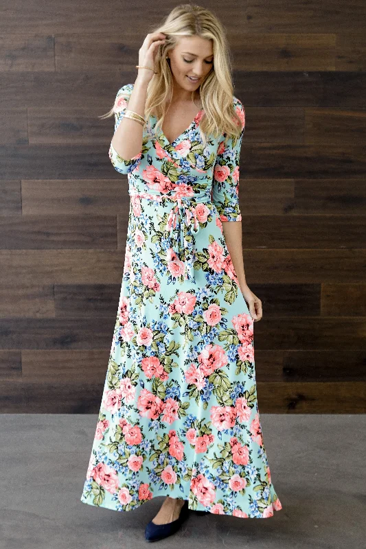 Aqua Neon Floral Draped 3/4 Sleeve Maxi Dress Comfortable Satin Maxi Dress