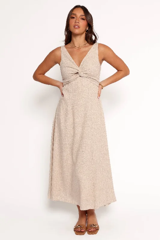Archer Midi Dress - Oatmeal Comfortable Lace-Up Midi Dress