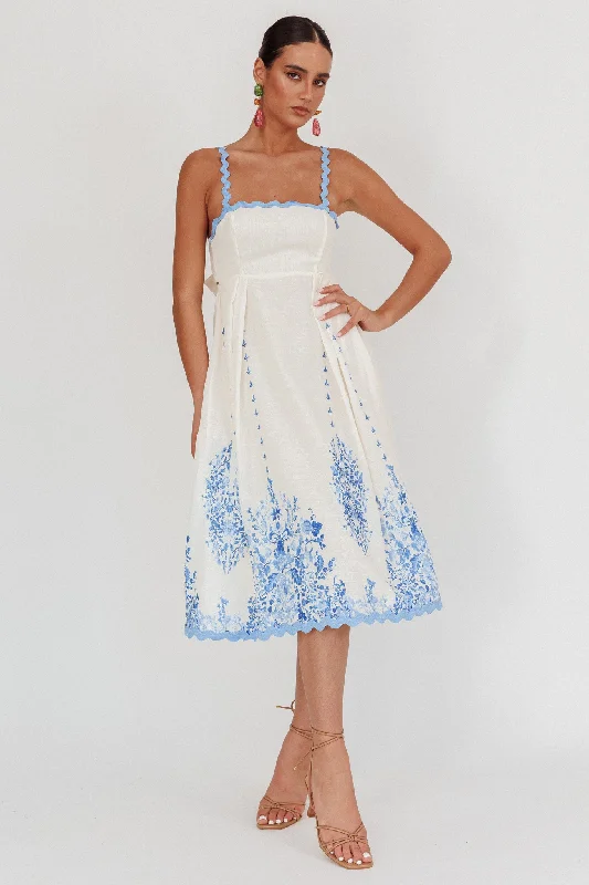 Asami Floral Print Ric Rac Trim Midi Dress Blue Stylish Animal Print Midi Dress