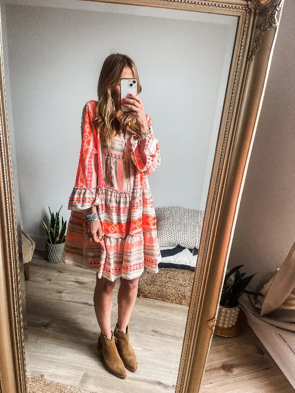 Aztec Print Tiered Smock Mini Dress