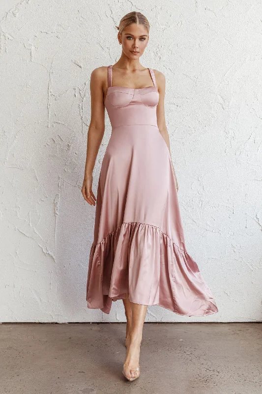 Belle De Jour Flounce Hem Midi Dress Blush Trendy Smocked Waist Midi Dress