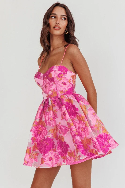 Belle Enchante Cami Strap Jacquard Mini Dress Pink Chic Puff Sleeve Mini Dress