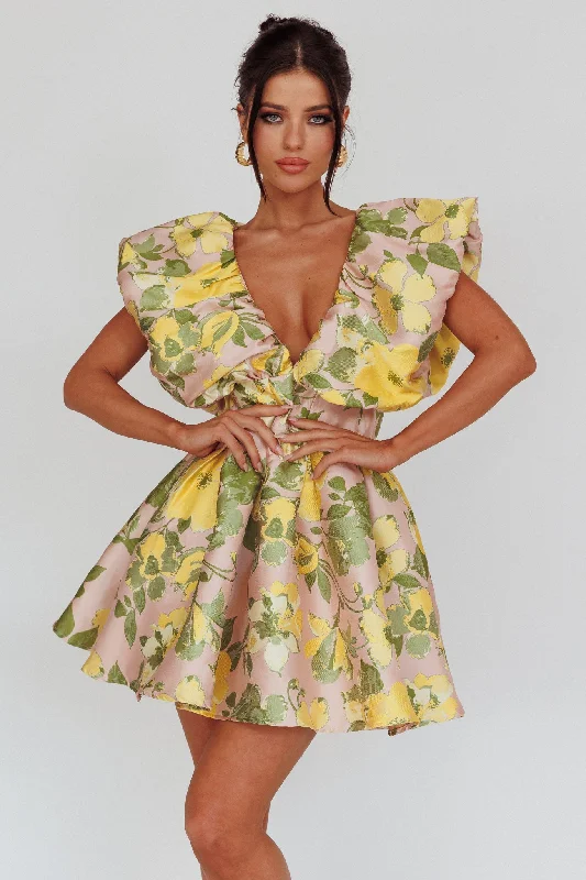 Bennet Puffed Neckline Mini Dress Floral Pink/Yellow Trendy A-Line Mini Dress