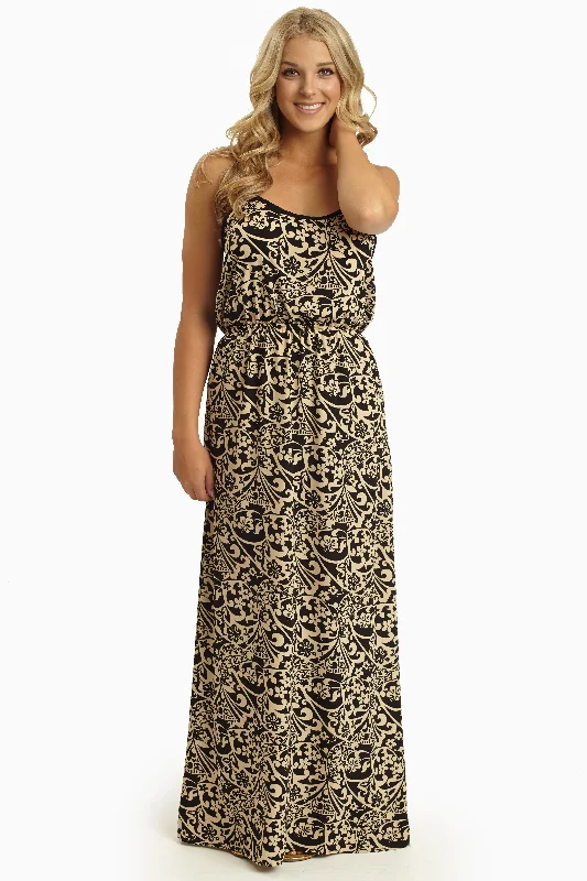 Black Beige Floral Printed Maxi Dress Cozy Knitted Maxi Dress