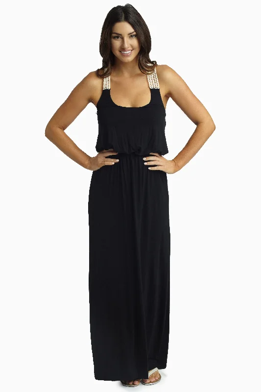 Black Crochet Back Maxi Dress Stylish Boho Chic Maxi Dress