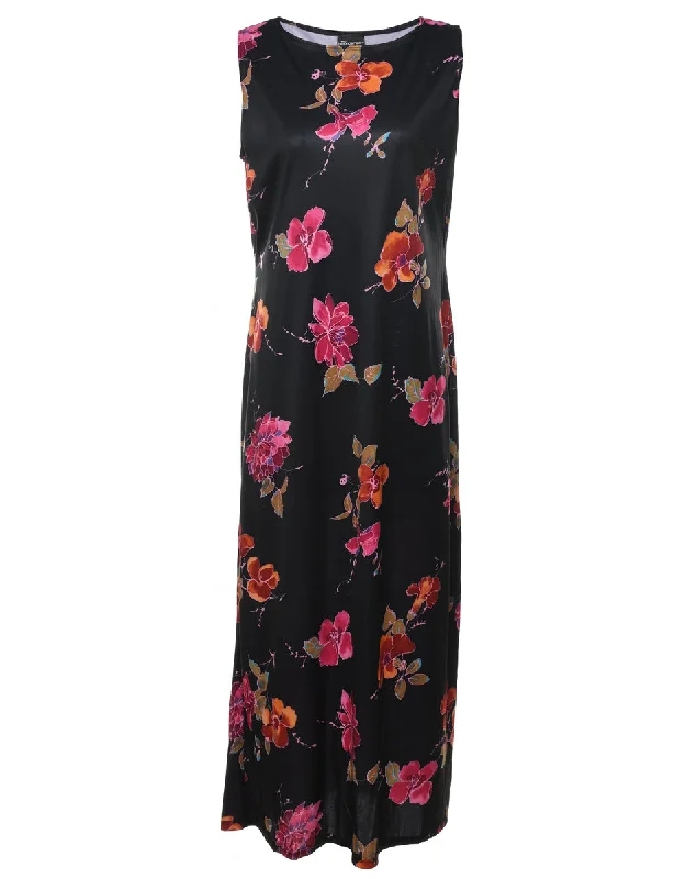 Black Floral Print Maxi Dress - M Fashionable Maxi Dress with Fringe