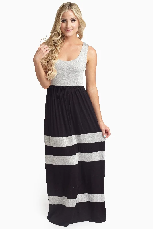 Black Grey Striped Bottom Colorblock Maxi Dress Elegant Wraparound Maxi Dress