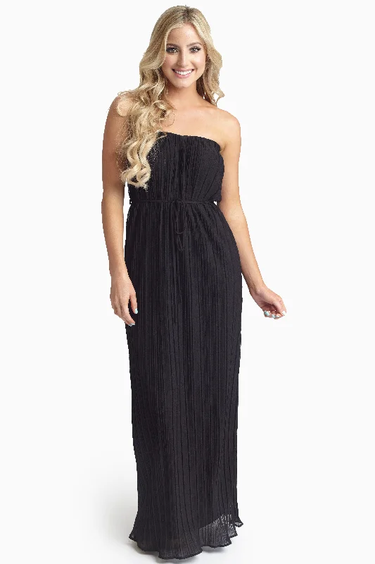 Black Pleated Chiffon Strapless Maxi Dress Trendy Fit-and-Flare Maxi Dress