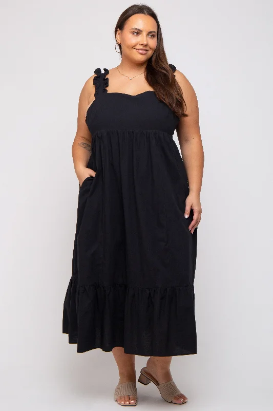 Black Ruffle Strap Back Tie Plus Midi Dress Fashionable One-Shoulder Midi Dress