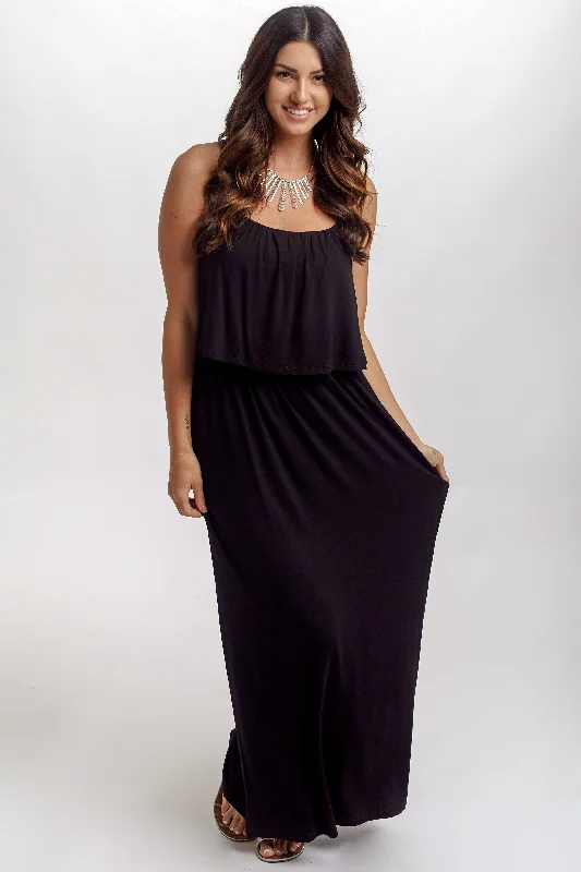Black Solid Overlay Maxi Dress Comfortable Cotton Maxi Dress