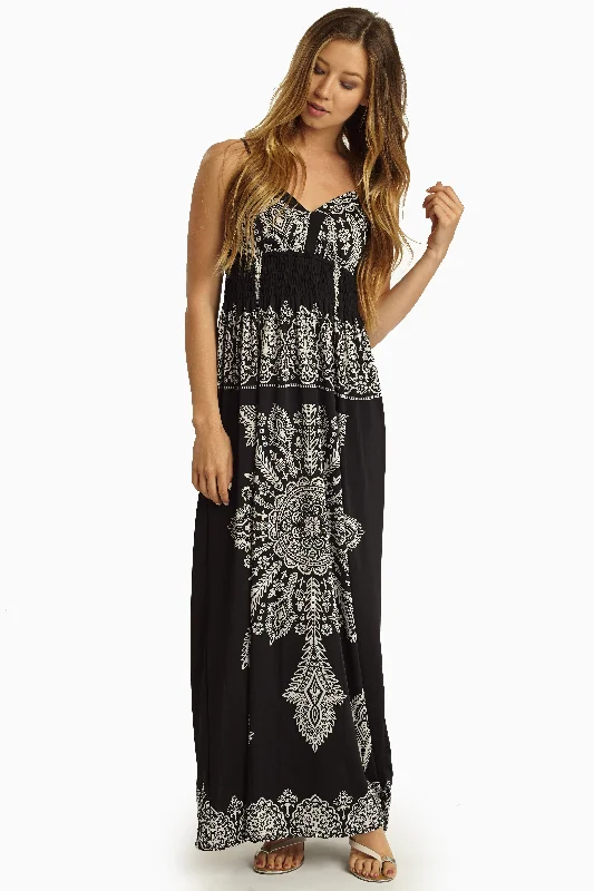 Black White Printed Maxi Dress Trendy Floral Print Maxi Dress