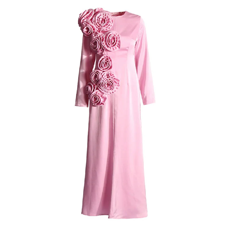 Blooming Rosette Crew Neck Long Sleeves Satin Fishtail Gown Maxi Dress Stylish Long Sleeve Maxi Dress Blooming Rosette Crew Neck Long Sleeves Satin Fishtail Gown Maxi Dress Stylish Long Sleeve Maxi Dress