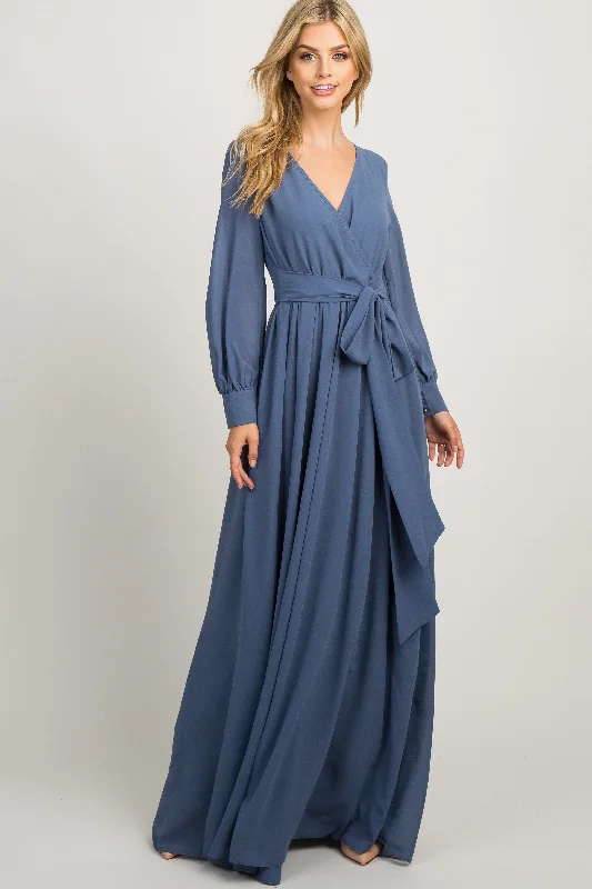 Blue Chiffon Long Sleeve Pleated Maxi Dress Classic A-Line Maxi Dress