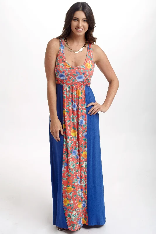 Blue Floral Colorblock Maxi Dress Comfortable T-Shirt Maxi Dress