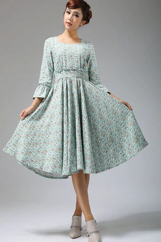 Blue linen dress floral print midi dress women dress 678# Cozy Spaghetti Strap Midi Dress