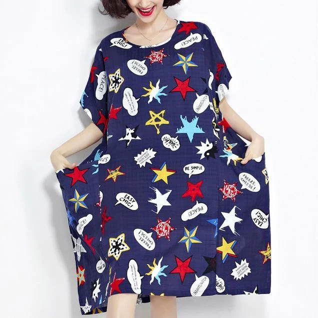 blue o neck cottn dress oversize linen clothing dress 2018 big pockets print midi dress