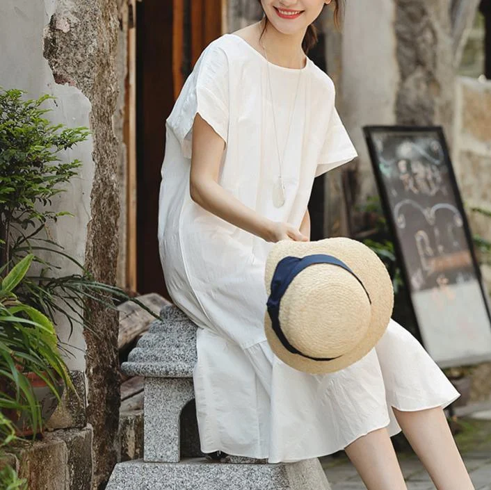 Bohemian o neck Ruffles Cotton tunics for women Wardrobes white Midi Dresses Summer