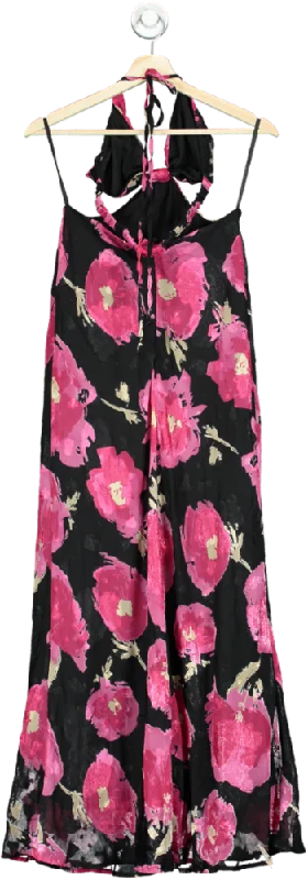 Boohoo Black/Pink Floral Maxi Dress UK 10 Elegant Maxi Dress with Slit