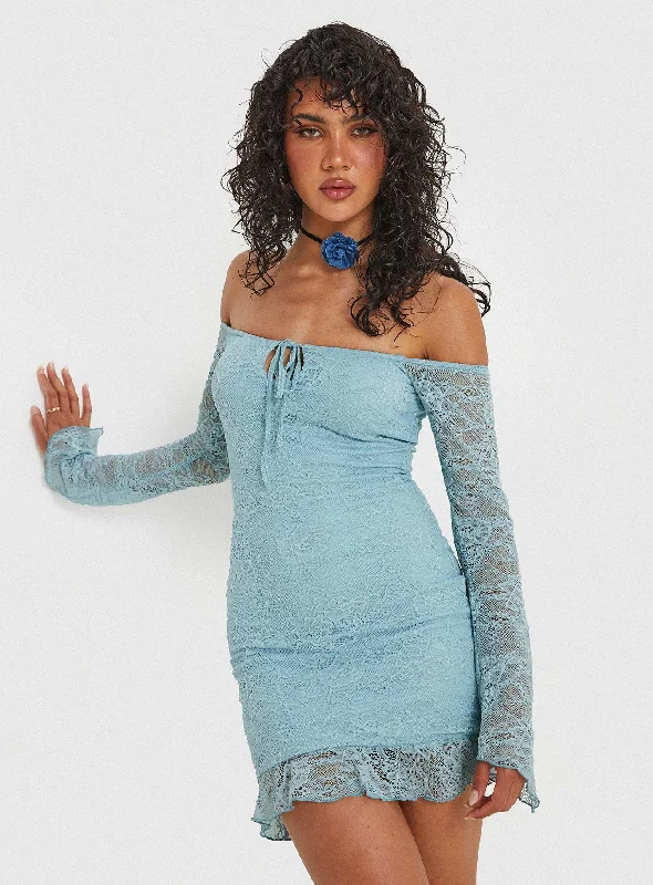 Boville Off The Shoulder Lace Mini Dress Blue Stylish Short-Sleeve Mini Dress