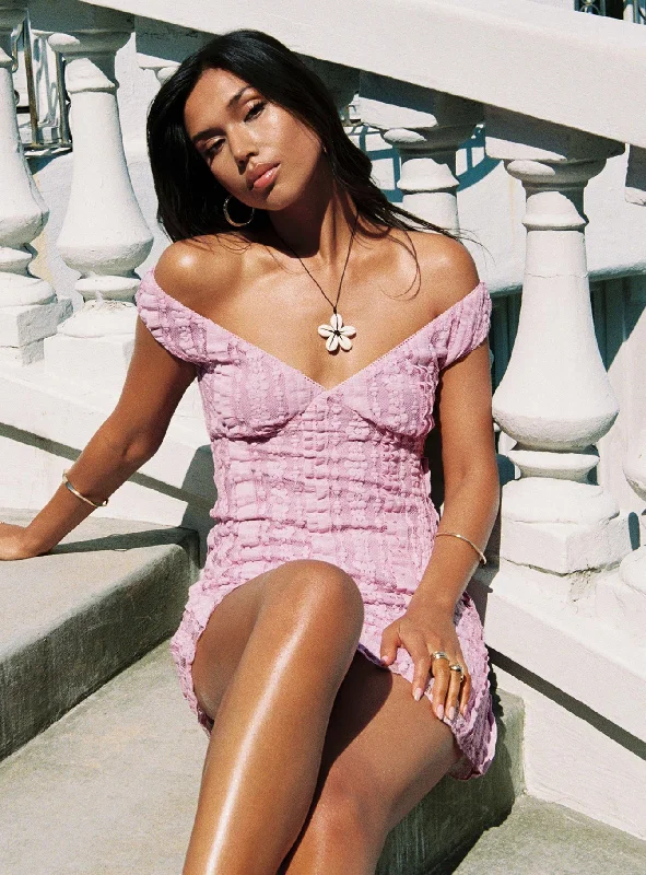 Breezy Off The Shoulder Mini Dress Lilac Fashionable Lace Mini Dress
