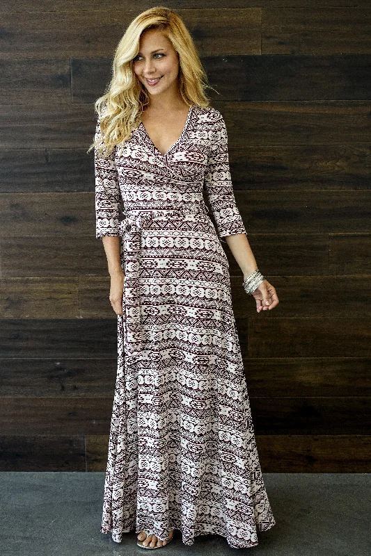 Burgundy Tribal Printed 3/4 Sleeve Maxi Dress Classic Black Maxi Dress