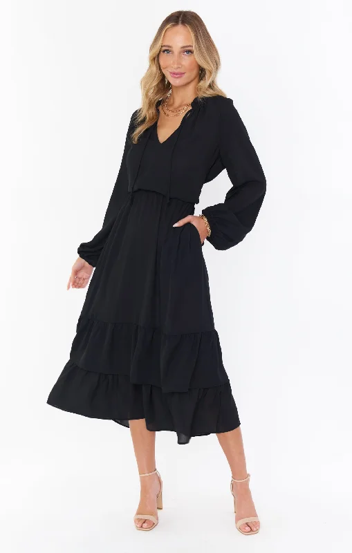 Cait Midi Dress ~ Black Stylish Midi Dress with Cuffs