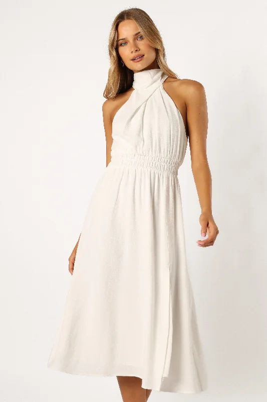 Caliente Halterneck Midi Dress - White Fashionable Plaid Midi Dress