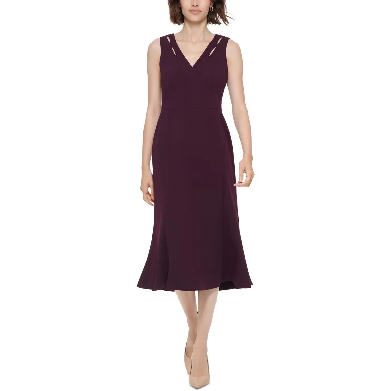 Calvin Klein Womens V-Neck A-Line Midi Dress