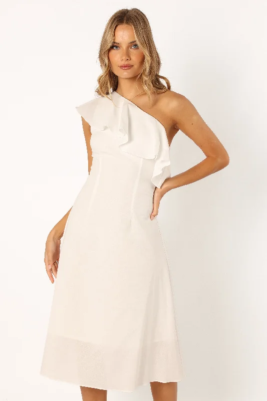 Campbell One Shoulder Midi Dress - White Elegant Lace Trim Midi Dress