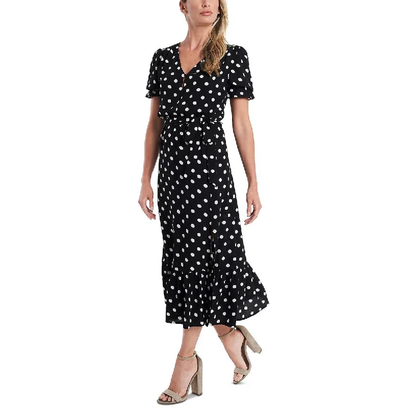 CeCe Womens Polka Dot Button Front Midi Dress