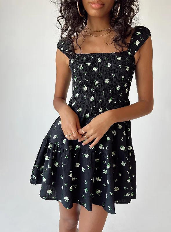 Cedarwood Mini Dress Black / Floral Comfortable Linen Mini Dress