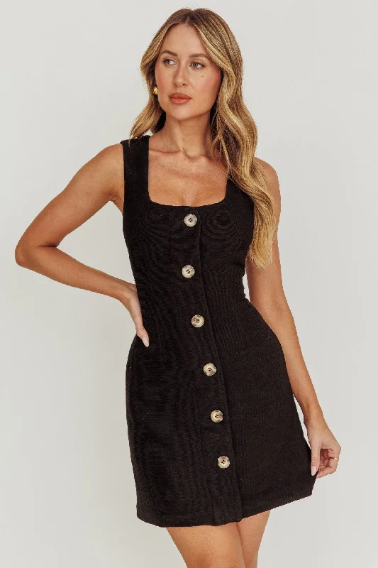 Celina Buttoned Knit Mini Dress Black Comfortable Linen Mini Dress