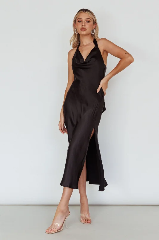 Champagne Showers Halterneck Slip Midi Dress Black Trendy Tiered Hem Midi Dress