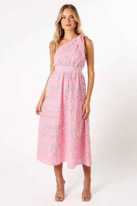 Cinderose One Shoulder Midi Dress - Pink Fashionable One-Shoulder Midi Dress