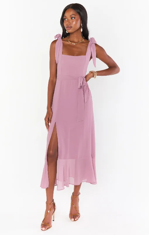 Claire Midi Dress ~ Antique Rose Chiffon Stylish Off-Shoulder Ruffle Dress
