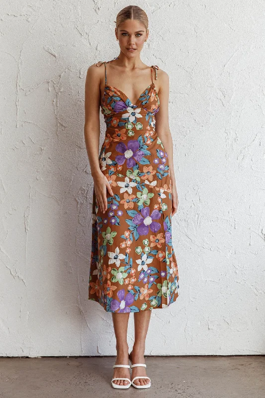 Clovelly Tied Shoulder Midi Dress Flower Terracotta Comfortable Geometric Print Midi Dress Clovelly Tied Shoulder Midi Dress Flower Terracotta Comfortable Geometric Print Midi Dress