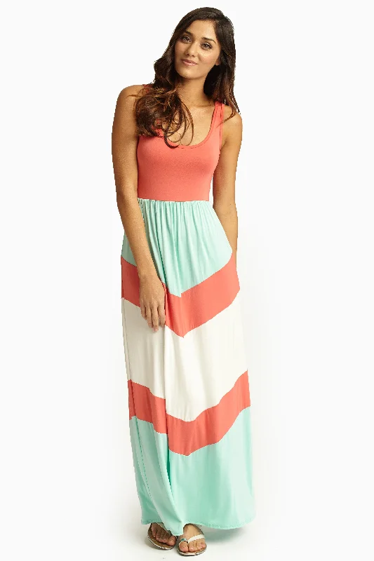 Coral Chevron Printed Bottom Maxi Dress Comfortable Ruffle Hem Maxi Dress