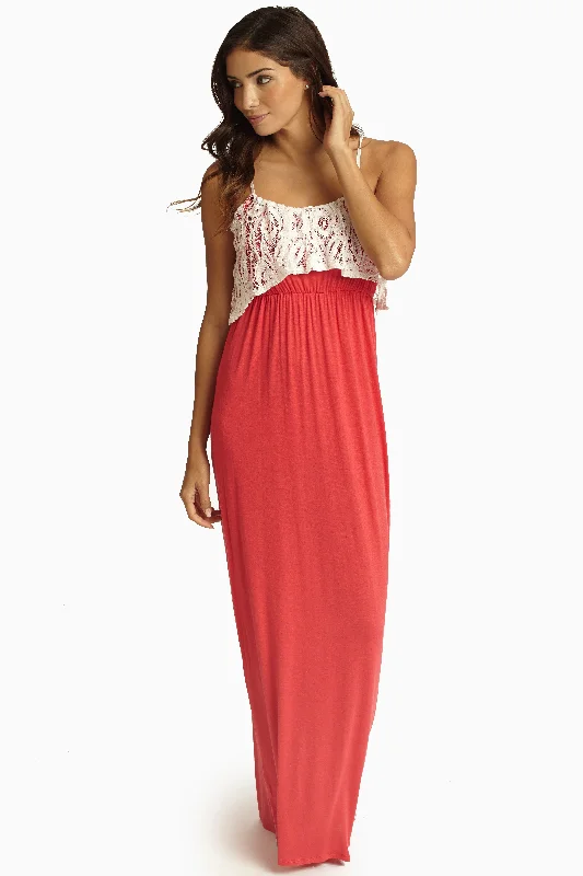 Coral Ivory Lace Overlay Maxi Dress Classic A-Line Maxi Dress