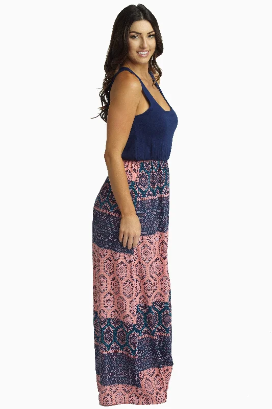 Coral Navy Geometric Bottom Maxi Dress Cozy Cold-Shoulder Maxi Dress