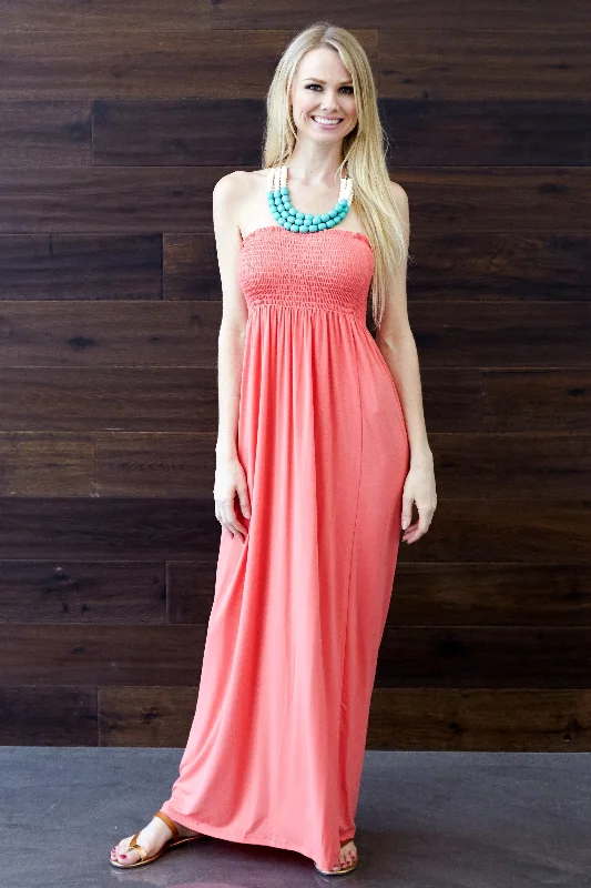 Coral Solid Strapless Maxi Dress Fashionable Sleeveless Maxi Dress